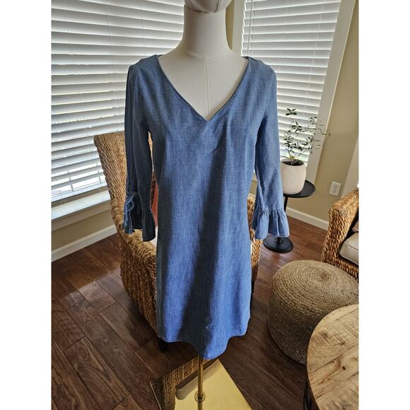 J. Crew Chambray 3/4 Length Ruffle Flare Dress Women's Size 0 Shift Coastal - Picture 2 of 11